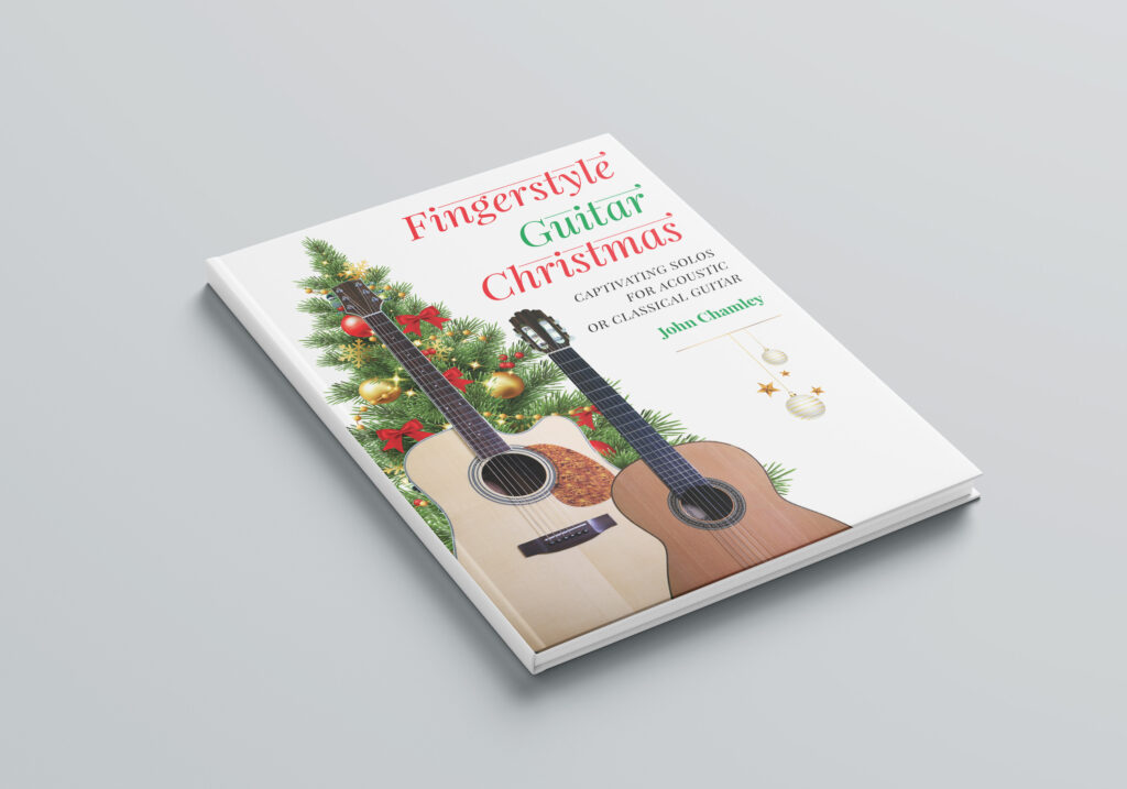 Fingerstyle Guitar Christmas book cover with 2 guitars in front of a Christmas tree.