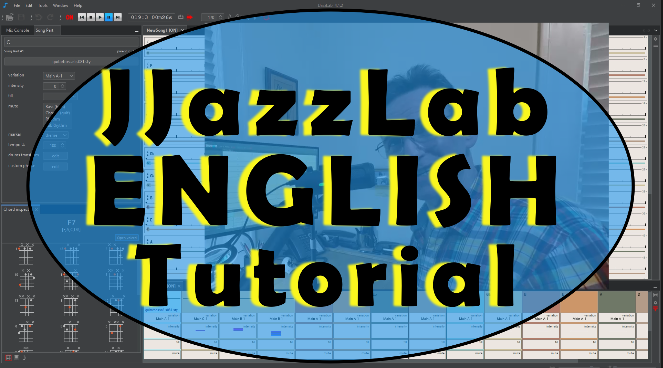 Software on a computer screen with label overlay titled "JjazzLab ENGLISH Tutorial."